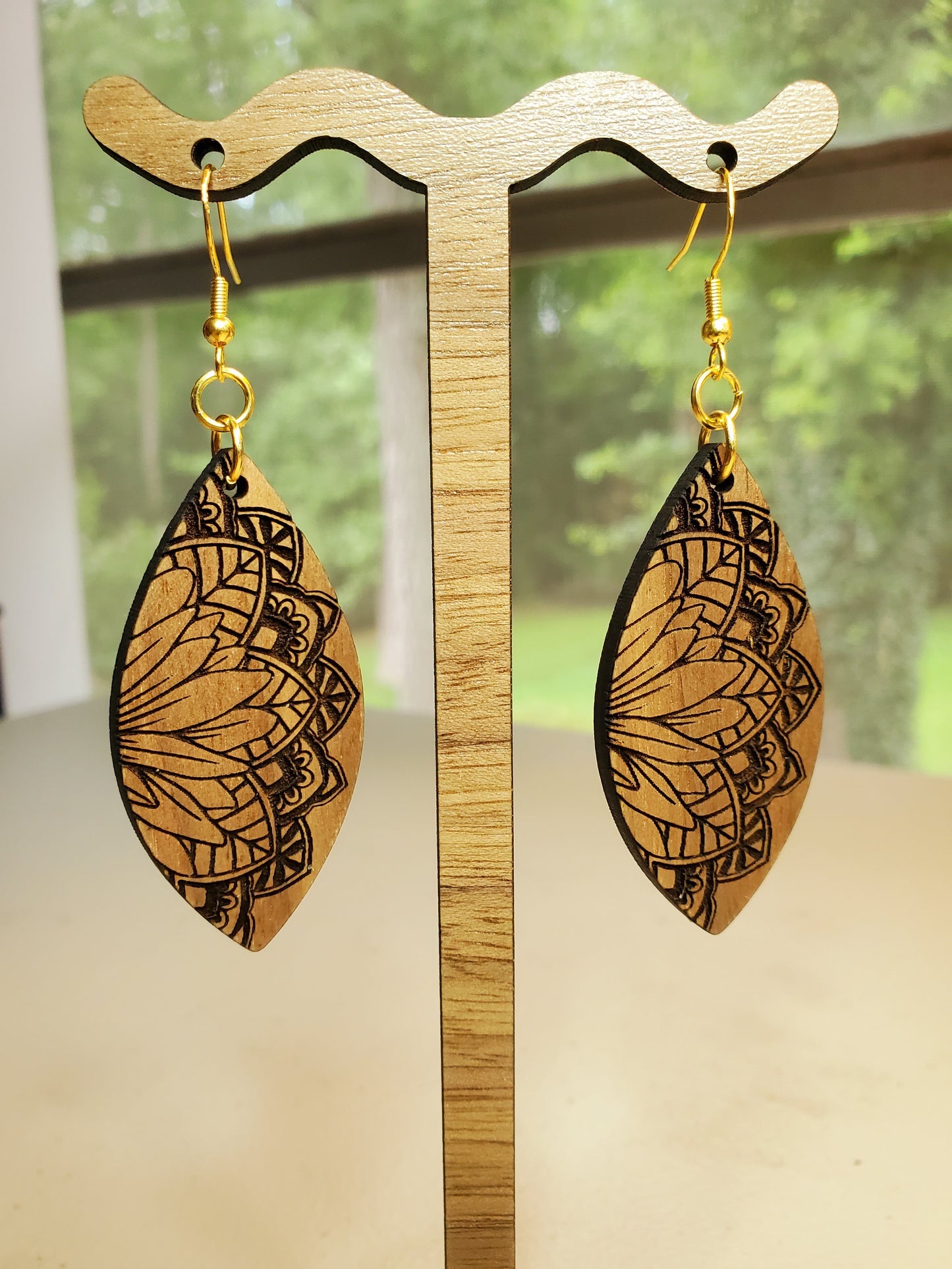 Wooden Mandala Laser Engraved Floral Earrings