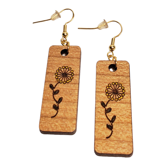 Wooden Rectangler Flower Etched Earrings