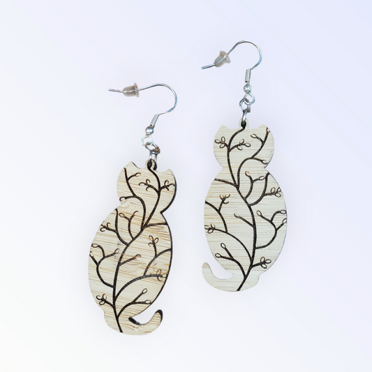 Laser Etched Wooden Kitty Willows Earrings