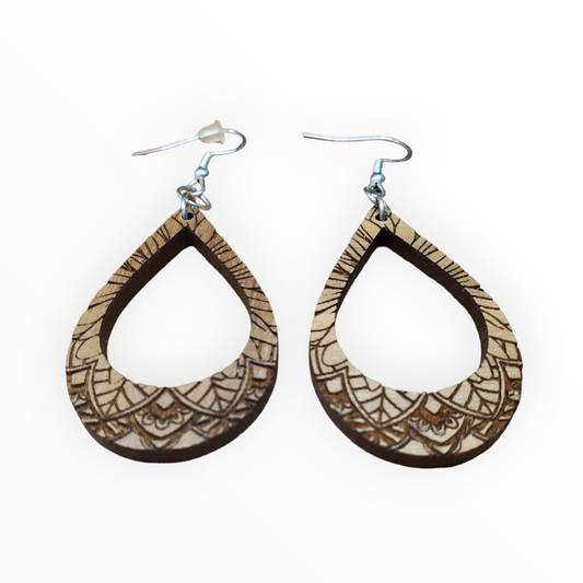 Laser Mandala Etched Double Loop Wooden Earrings