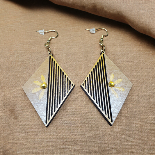 Diamond Shaped Half Grid Lasered Wooden Earrings