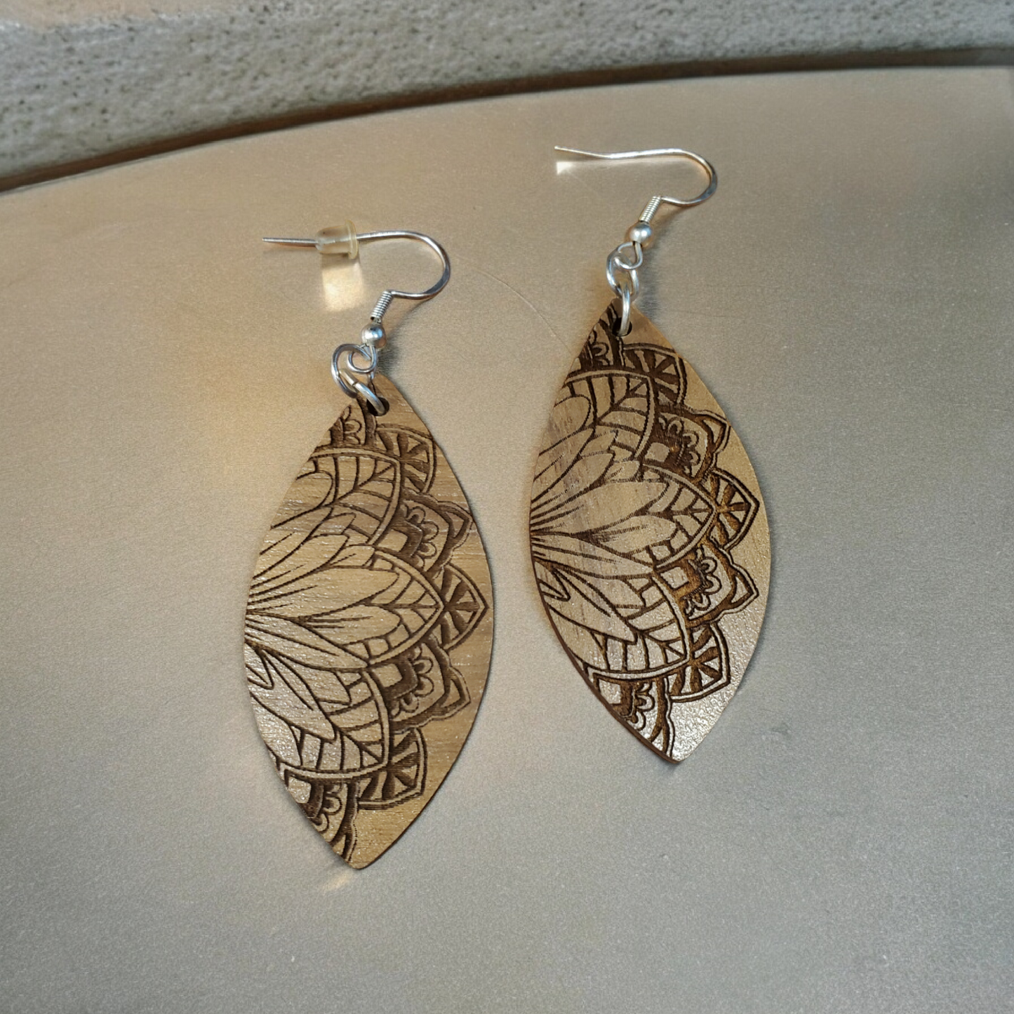 Wooden Mandala Laser Engraved Floral Earrings