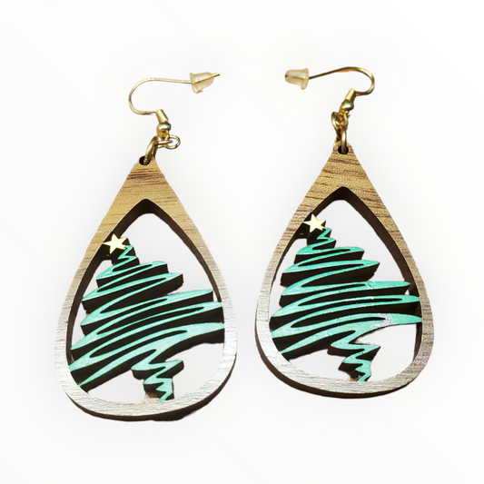 Wooden Christmas Tree Earrings