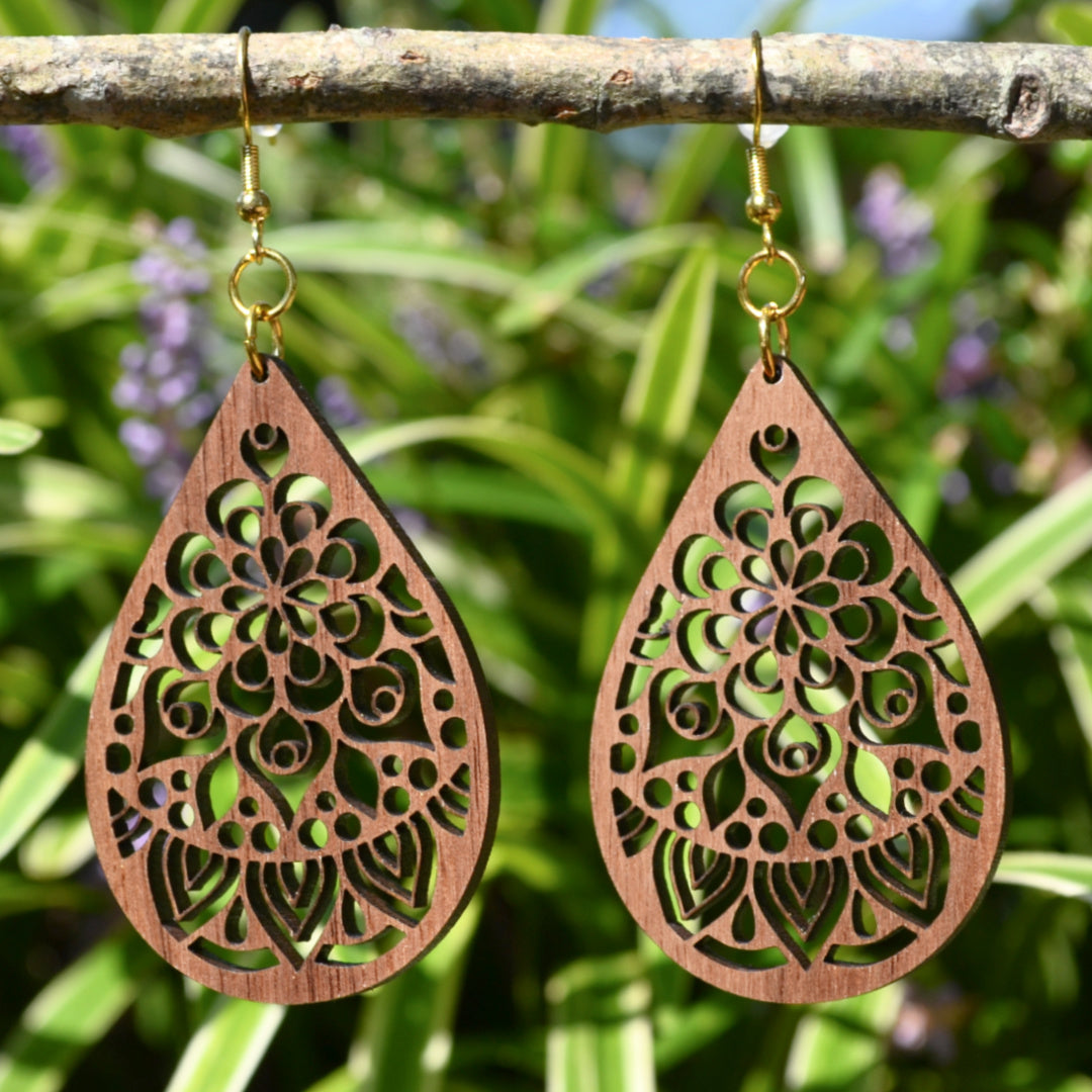 Lasered Wooden Teardrop Mandala Earrings christmas gift trendy ear