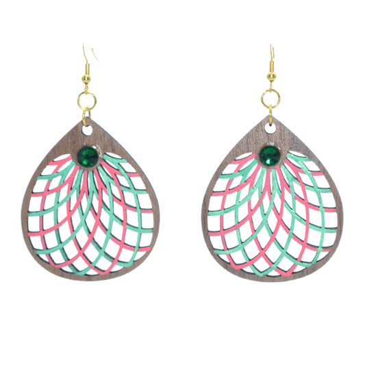 Lasered Handpainted Wooden Lattice Teardrop Earrings