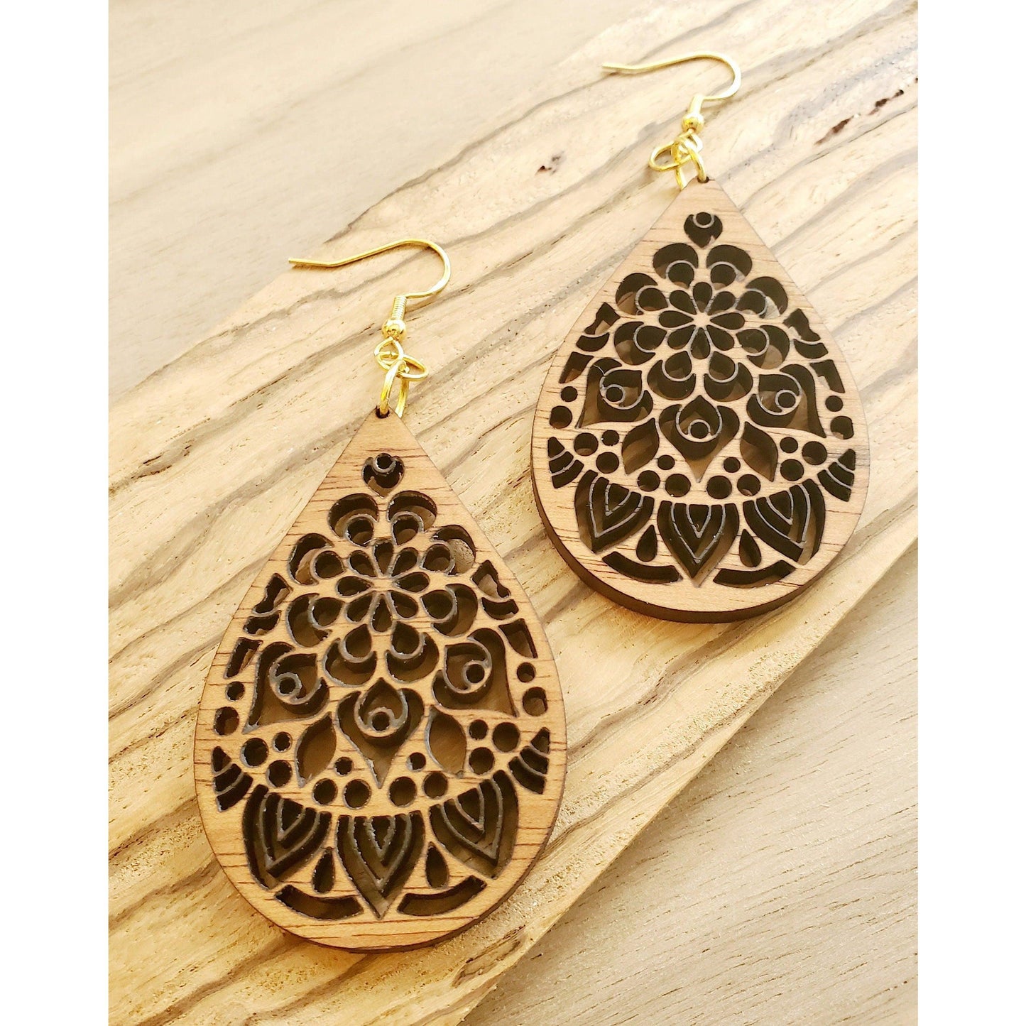 Lasered Wooden Teardrop Mandala Earrings christmas gift trendy ear