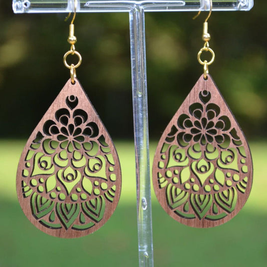 Lasered Wooden Teardrop Mandala Earrings christmas gift trendy ear