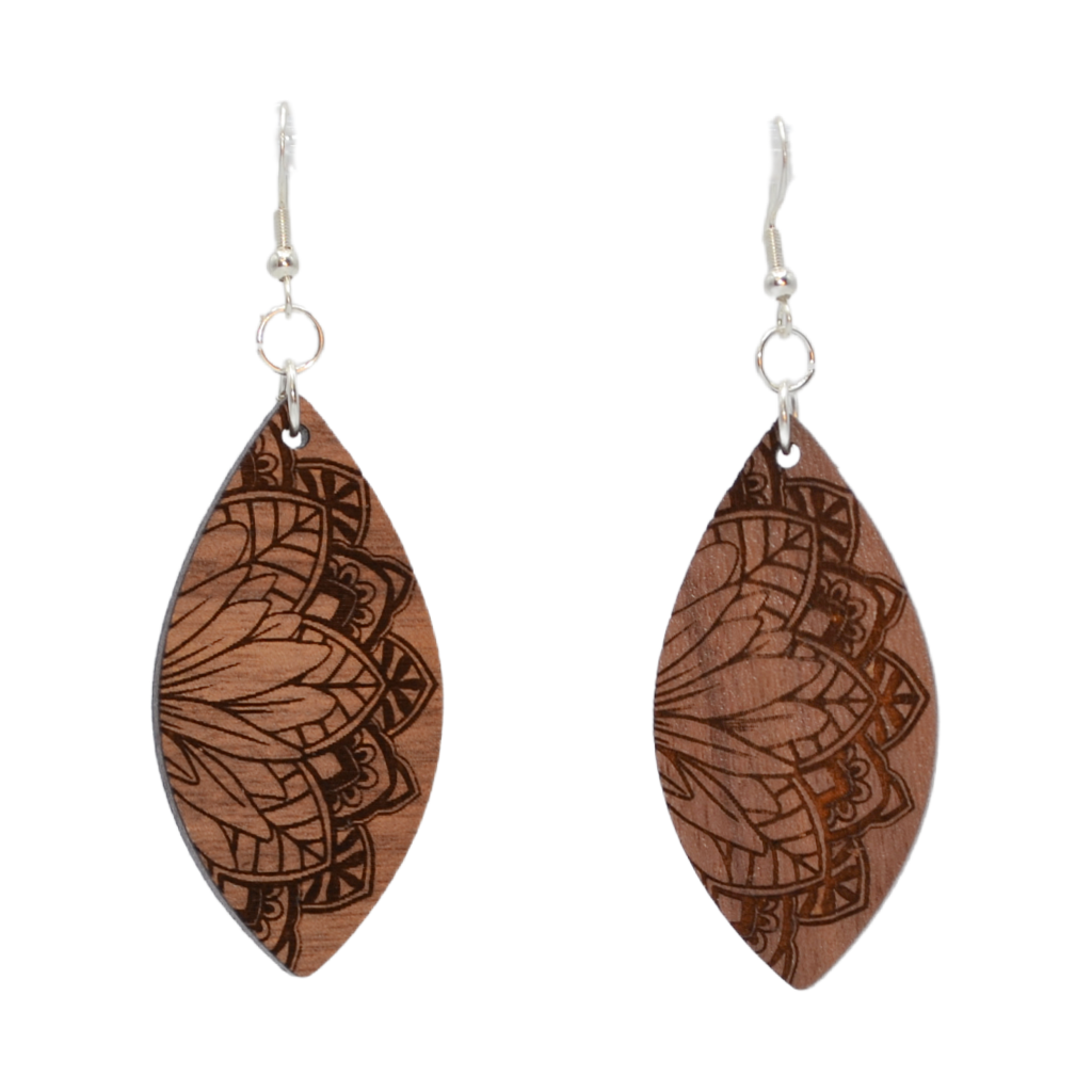 Wooden Mandala Laser Engraved Floral Earrings