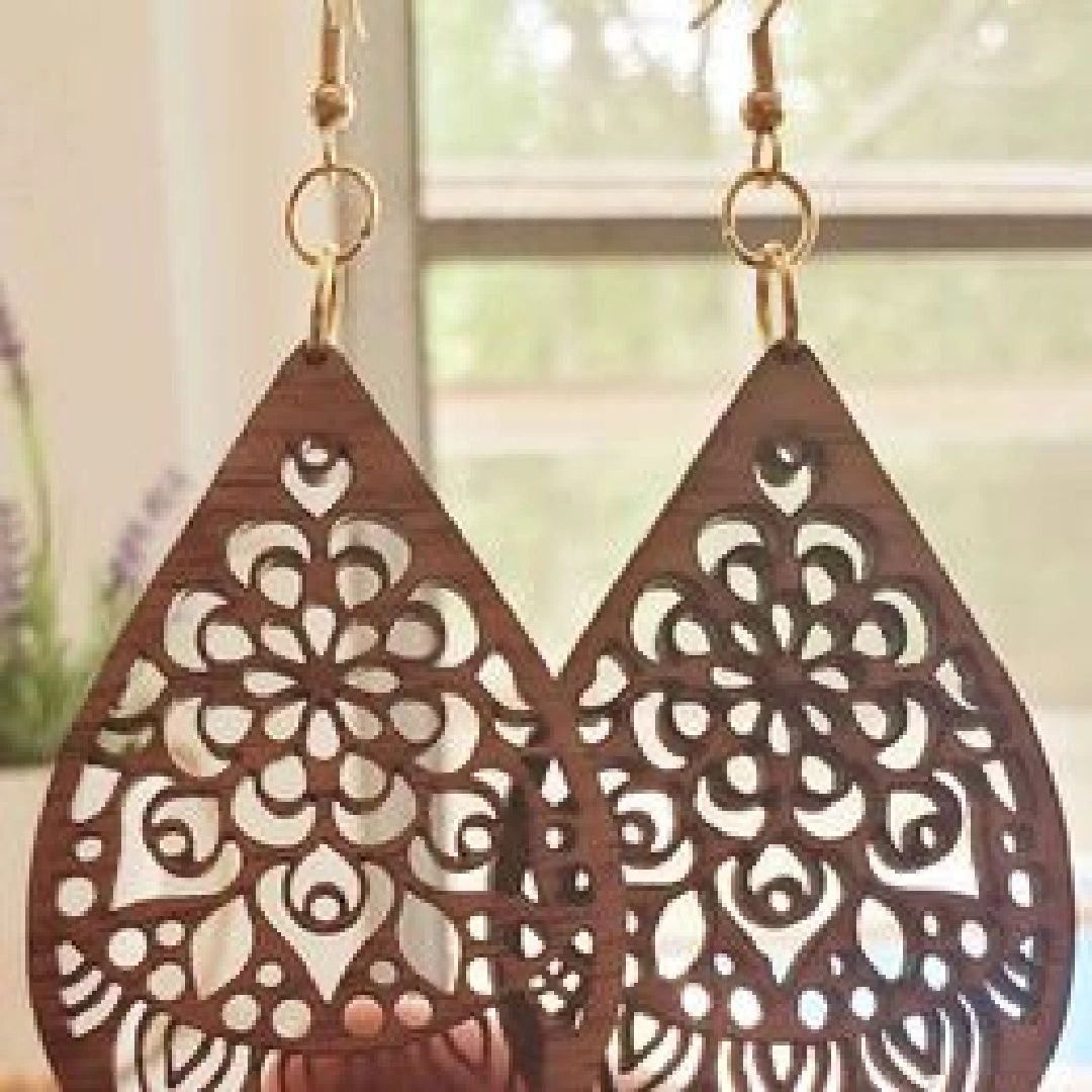 Lasered Wooden Teardrop Mandala Earrings christmas gift trendy ear